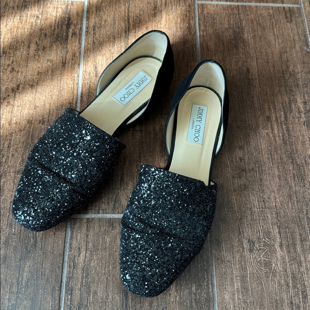 Jimmy Choo D’Orsay Black Glitter Flats in size 38.